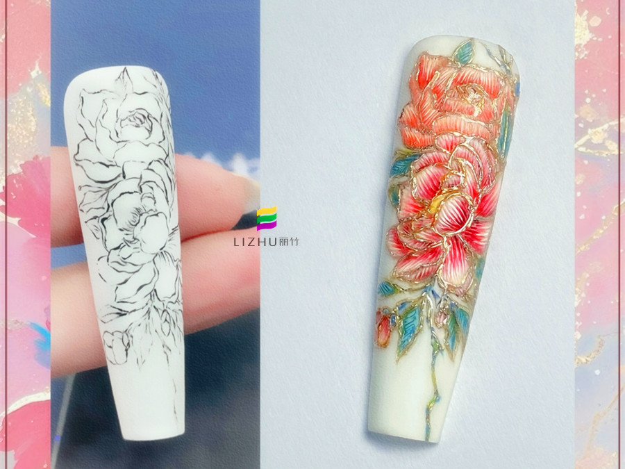 國風(fēng)刺繡牡丹美甲，廣西美甲設(shè)計學(xué)校作品