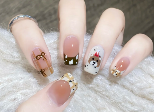 格紋手繪小熊美甲教程，南寧美甲教學(xué)分享