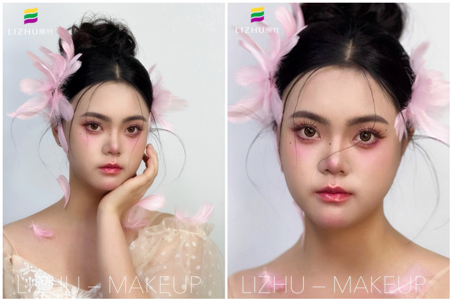 粉色羽毛寫(xiě)真作品，廣西學(xué)化妝操作